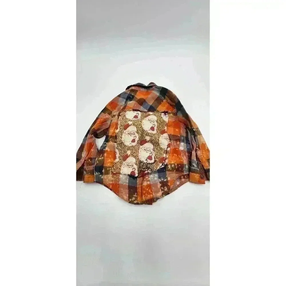 Genuine Kids Girl's Size 2T Orange & Navy Plaid Upcycled Santa Holiday Shirt
